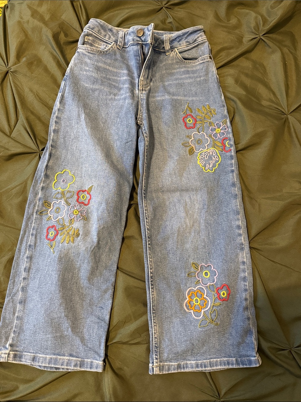 Boden Embroidered Light Blue Girls Wide-Leg Jeans